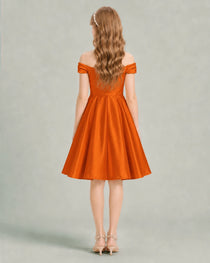 Burnt Orange Junior Bridesmaid Dress Off-Shoulder Ruched Satin Knee-Length A-Line Gown Back View