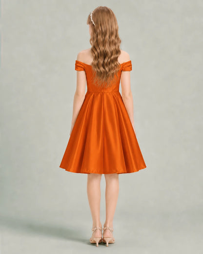 Burnt Orange Junior Bridesmaid Dress Off-Shoulder Ruched Satin Knee-Length A-Line Gown Back View