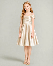 Champagne Junior Bridesmaid Dress Off-Shoulder Ruched Satin Knee-Length A-Line Gown Front Full View