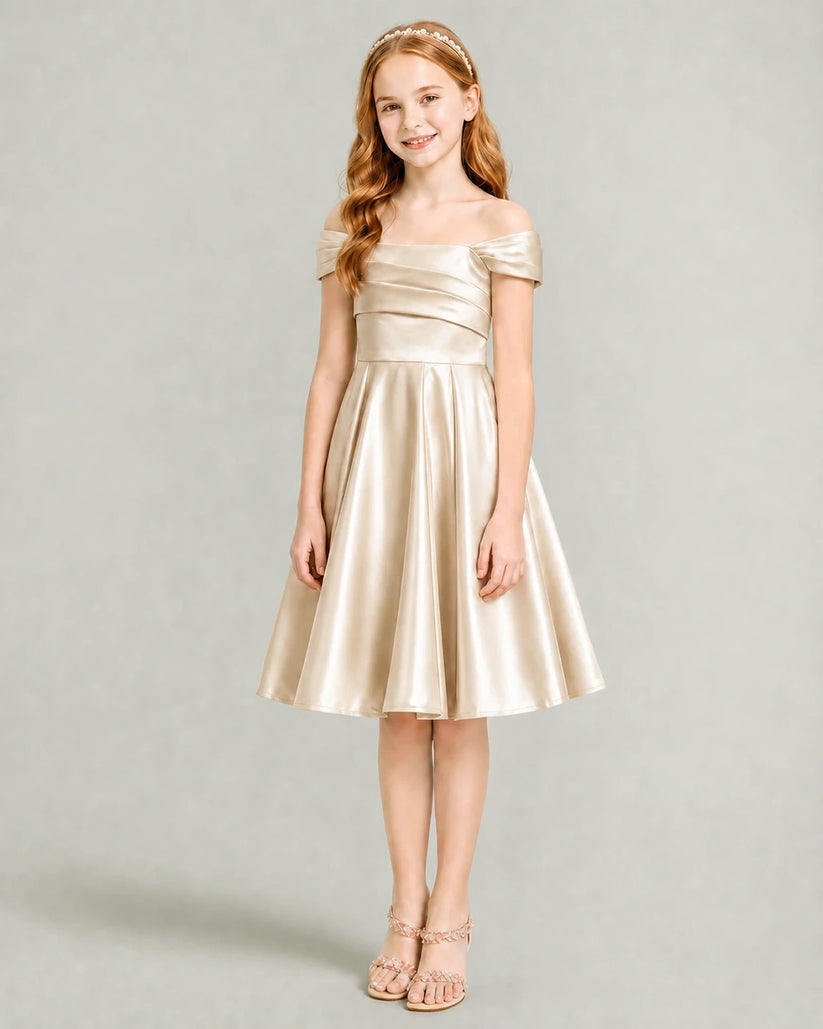 Champagne Satin A-line Junior Bridesmaid Dress Front View