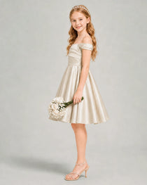 Champagne Junior Bridesmaid Dress Off-Shoulder Ruched Satin Knee-Length A-Line Gown Side View