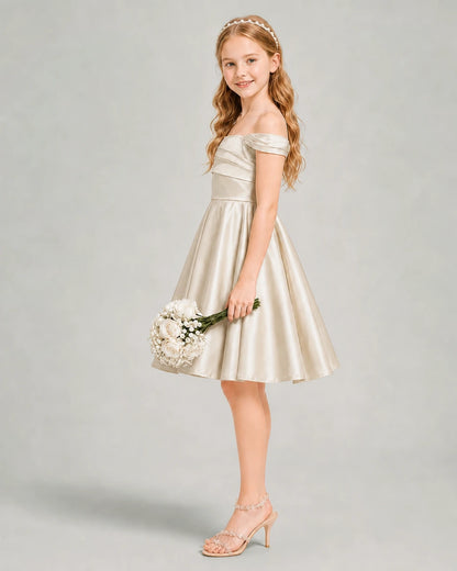 Champagne Junior Bridesmaid Dress Off-Shoulder Ruched Satin Knee-Length A-Line Gown Side View