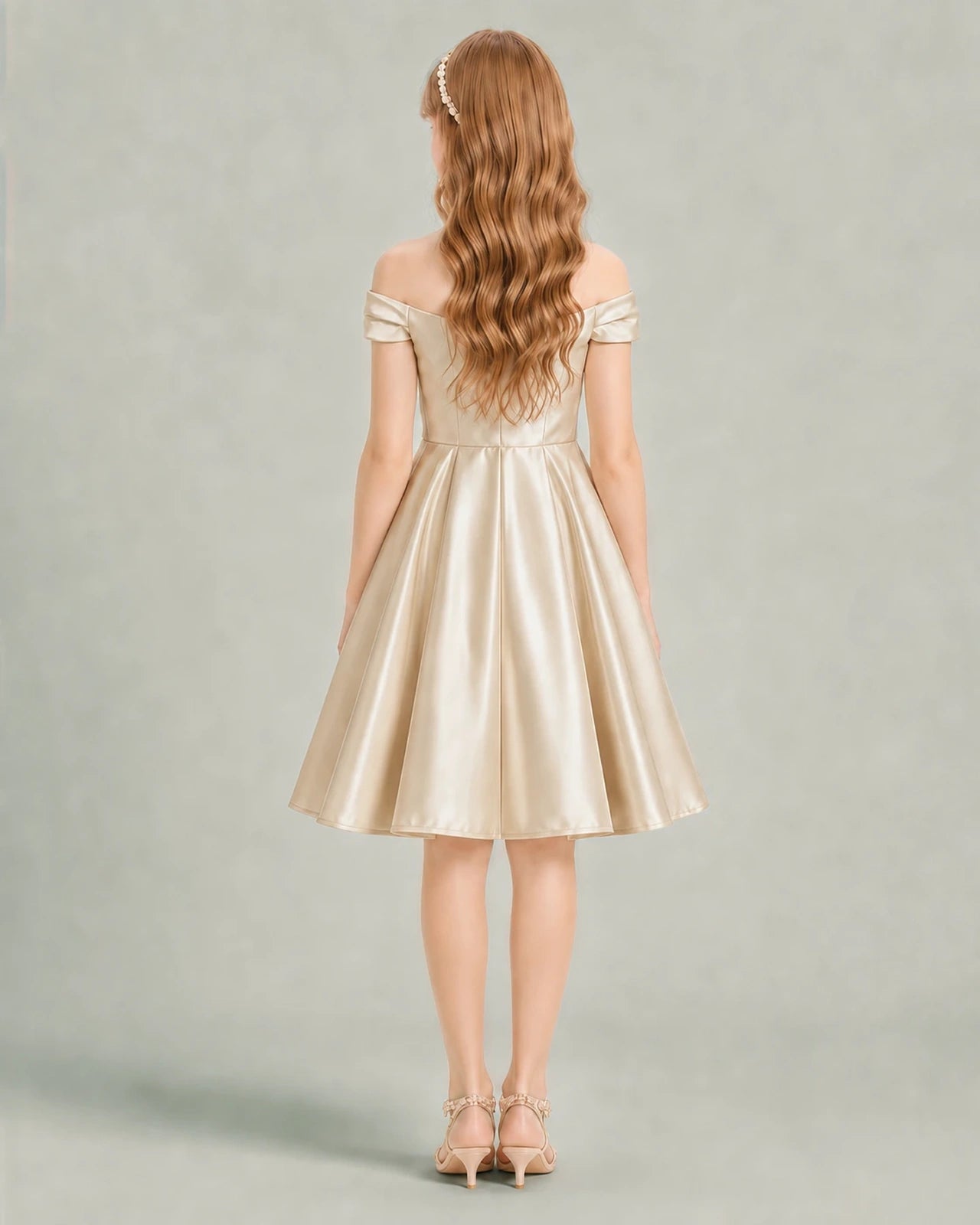 Champagne Junior Bridesmaid Dress Off-Shoulder Ruched Satin Knee-Length A-Line Gown Back View