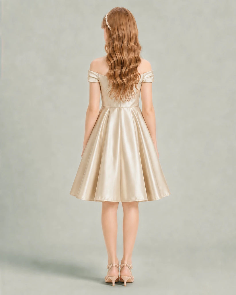 Champagne Satin A-line Junior Bridesmaid Dress Back View