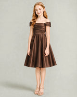 Chocolate Satin A-line Junior Bridesmaid Dress Front View