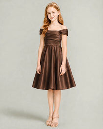 Chocolate Junior Bridesmaid Dress Off-Shoulder Ruched Satin Knee-Length A-Line Gown Front Full View