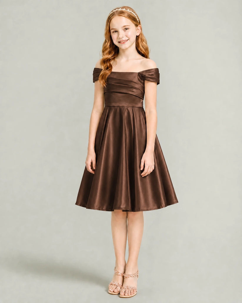 Chocolate Satin A-line Junior Bridesmaid Dress Front View