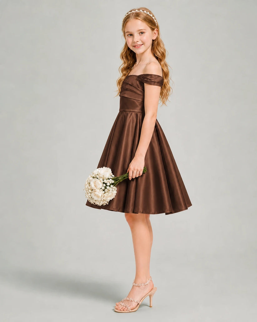 Chocolate Satin A-line Junior Bridesmaid Dress Side View