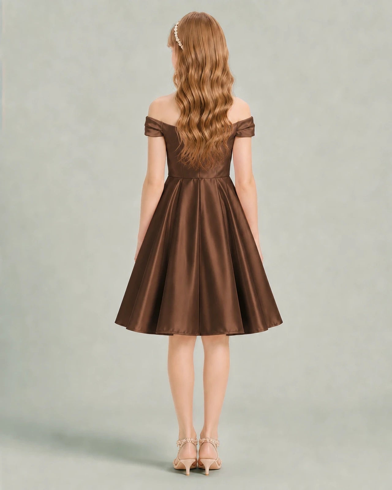 Chocolate Junior Bridesmaid Dress Off-Shoulder Ruched Satin Knee-Length A-Line Gown Back View