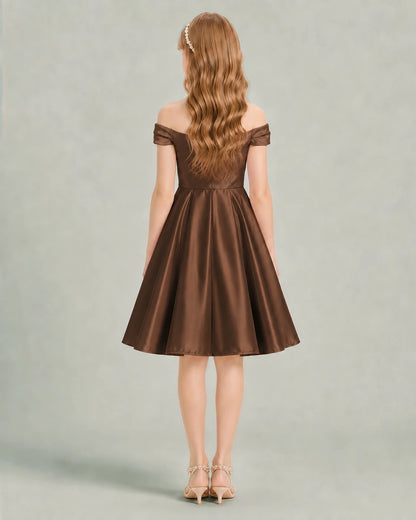 Chocolate Junior Bridesmaid Dress Off-Shoulder Ruched Satin Knee-Length A-Line Gown Back View