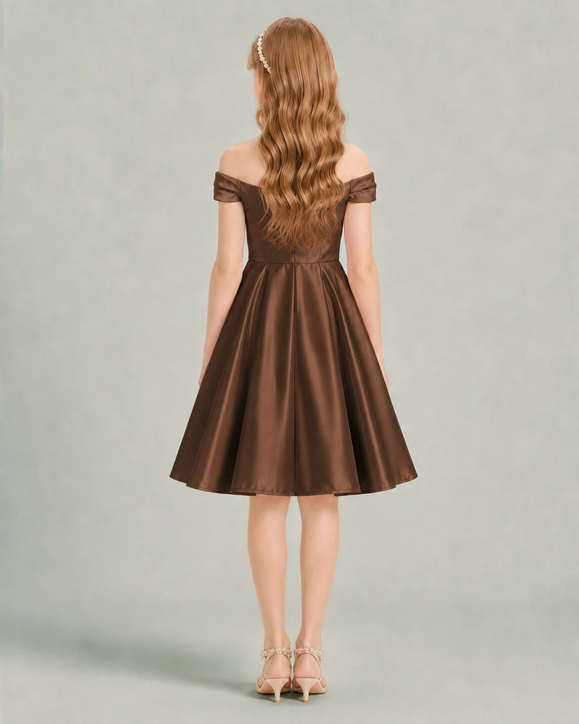 Chocolate Satin A-line Junior Bridesmaid Dress Back View