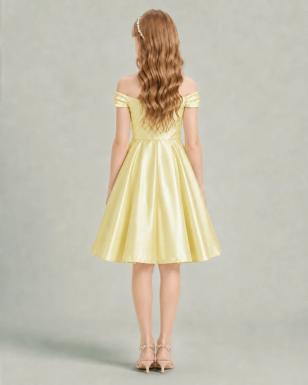 Daffodil Junior Bridesmaid Dress Off-Shoulder Ruched Satin Knee-Length A-Line Gown Back View