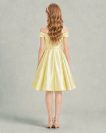 Daffodil Junior Bridesmaid Dress Off-Shoulder Ruched Satin Knee-Length A-Line Gown Back View