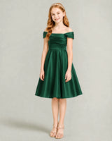 Dark Green Satin A-line Junior Bridesmaid Dress Front View