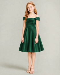 Dark Green Junior Bridesmaid Dress Off-Shoulder Ruched Satin Knee-Length A-Line Gown Front Full View