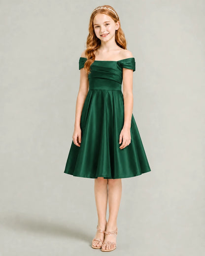 Dark Green Junior Bridesmaid Dress Off-Shoulder Ruched Satin Knee-Length A-Line Gown Front Full View