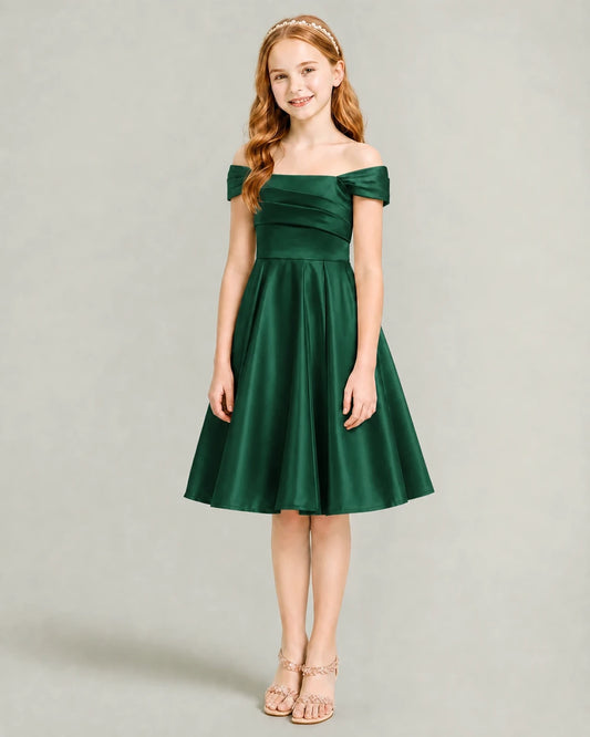 Dark Green Satin A-line Junior Bridesmaid Dress Front View