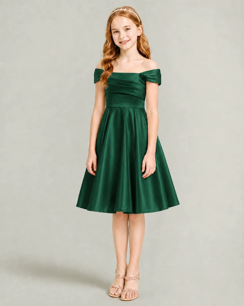 Dark Green Satin A-line Junior Bridesmaid Dress Front View