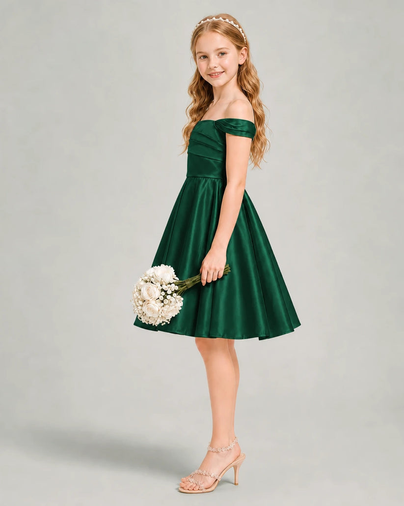 Dark Green Satin A-line Junior Bridesmaid Dress Side View