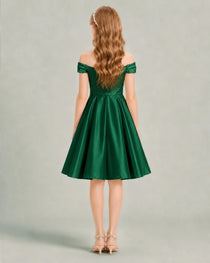 Dark Green Junior Bridesmaid Dress Off-Shoulder Ruched Satin Knee-Length A-Line Gown Backl View