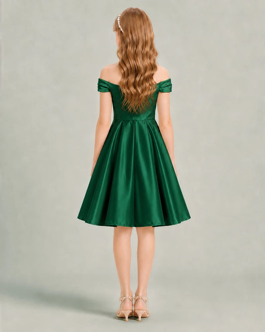 Dark Green Satin A-line Junior Bridesmaid Dress Back View