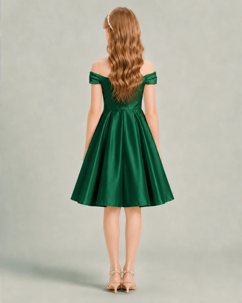 Dark Green Satin A-line Junior Bridesmaid Dress Back View