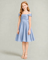 Dusty Blue Satin A-line Junior Bridesmaid Dress Front View