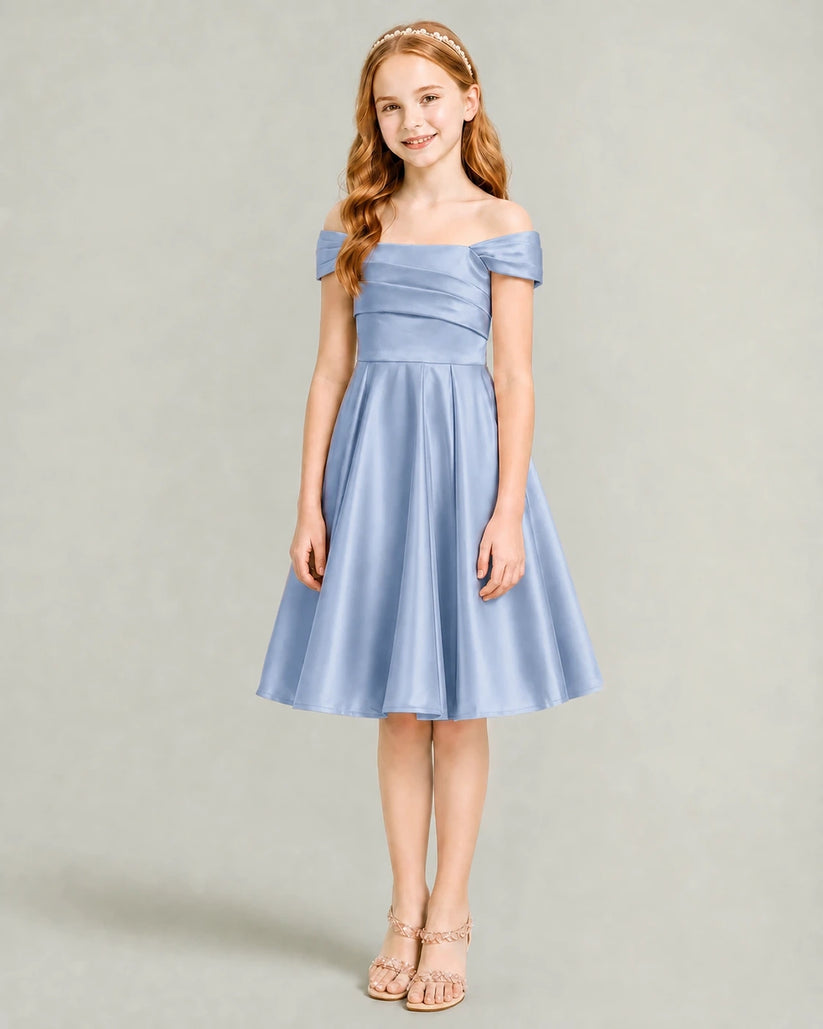 Dusty Blue Satin A-line Junior Bridesmaid Dress Front View