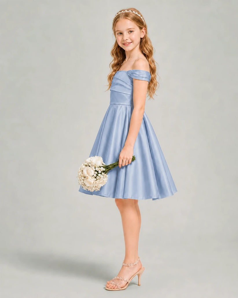 Dusty Blue Satin A-line Junior Bridesmaid Dress Side View