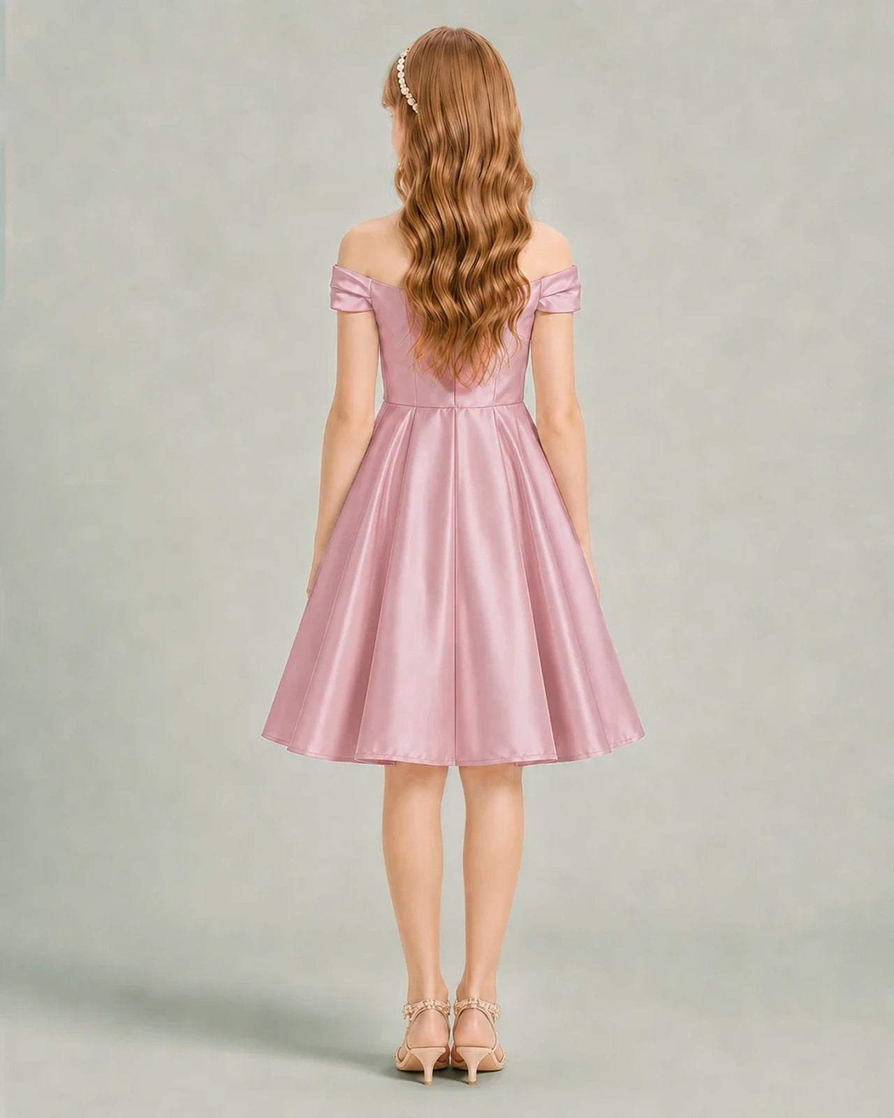 Dusty Rose Junior Bridesmaid Dress Off-Shoulder Ruched Satin Knee-Length A-Line Gown Back View