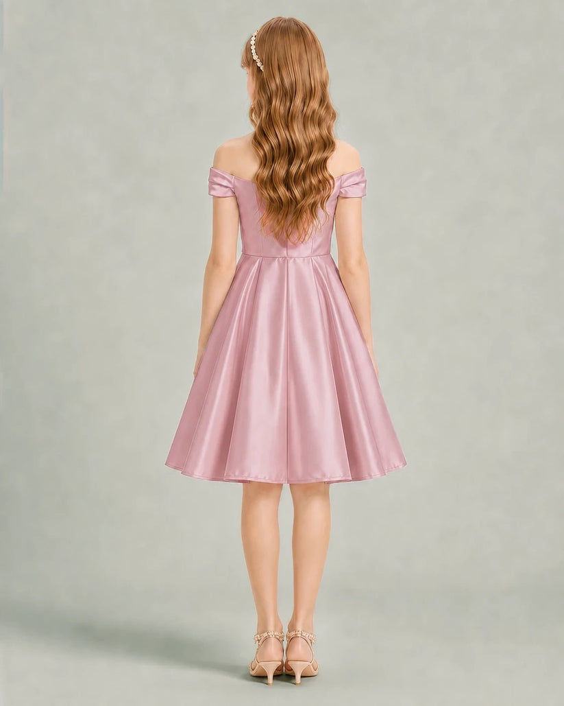 Dusty Rose Satin A-line Junior Bridesmaid Dress Back View