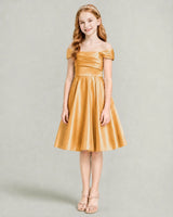 Gold Satin A-line Junior Bridesmaid Dress Front View