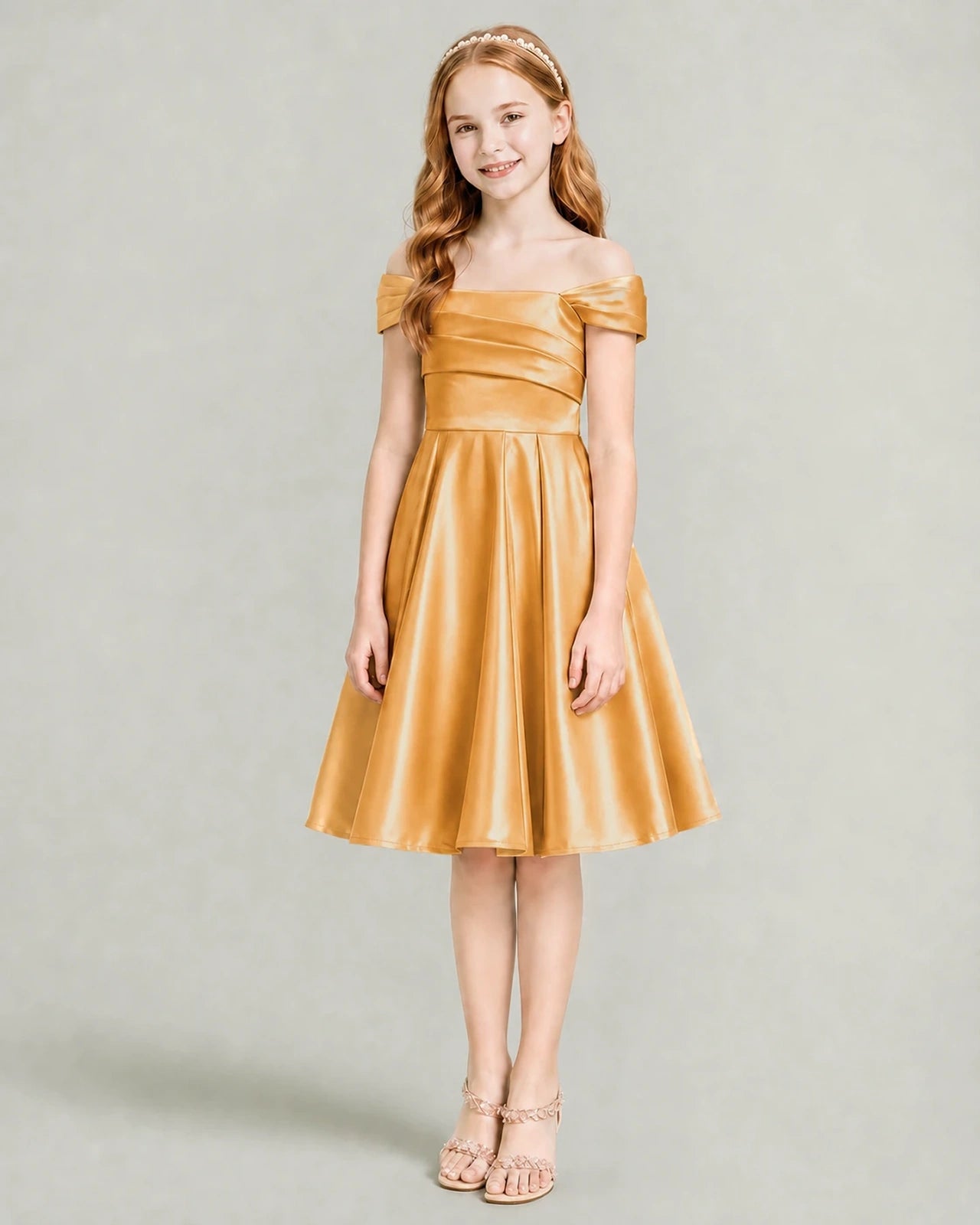 Gold Junior Bridesmaid Dress Off-Shoulder Ruched Satin Knee-Length A-Line Gown Front Full View