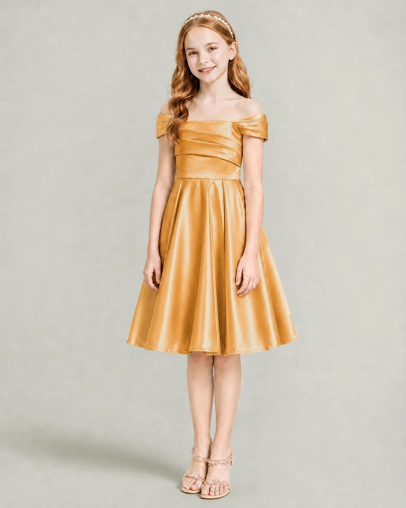 Gold Satin A-line Junior Bridesmaid Dress Front View