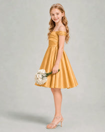 Gold Junior Bridesmaid Dress Off-Shoulder Ruched Satin Knee-Length A-Line Gown Side View