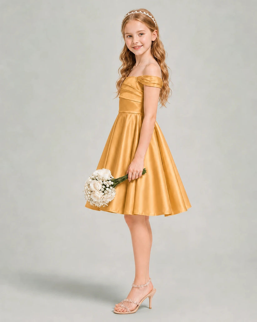 Gold Satin A-line Junior Bridesmaid Dress Side View