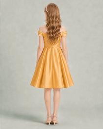 Gold Junior Bridesmaid Dress Off-Shoulder Ruched Satin Knee-Length A-Line Gown Back View