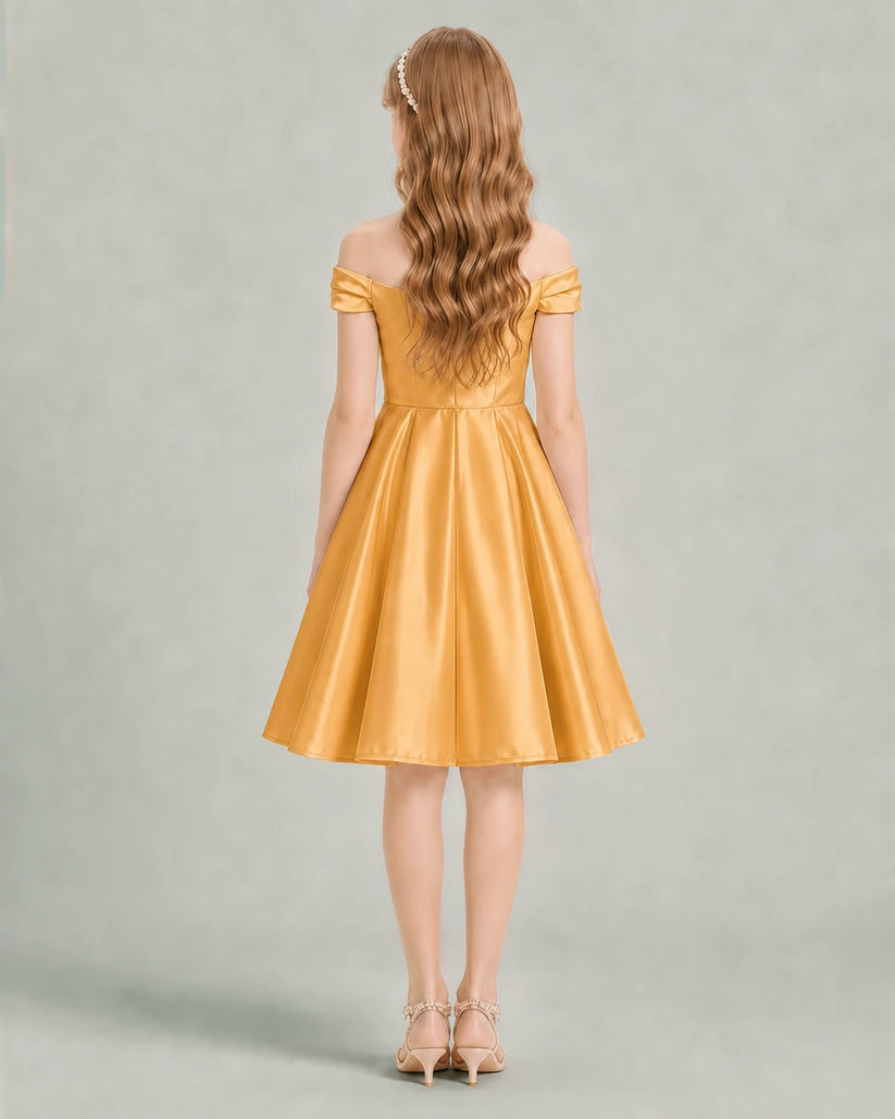 Gold Satin A-line Junior Bridesmaid Dress Back View
