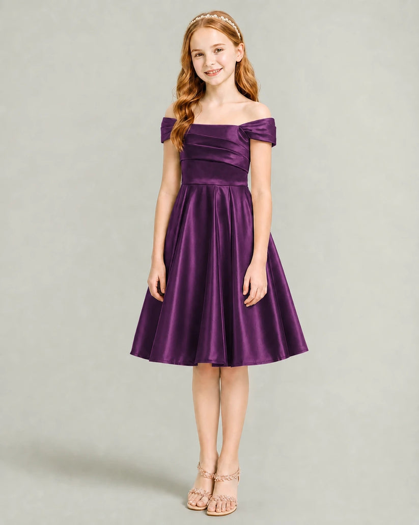 Grape Satin A-line Junior Bridesmaid Dress Front View