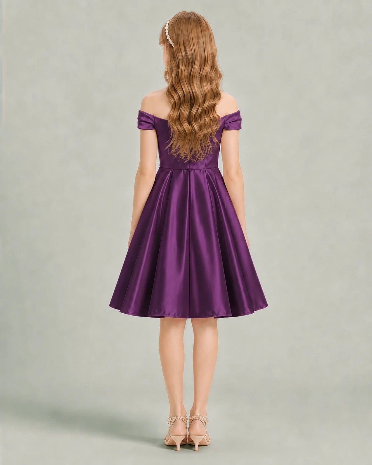 Dideyttawl Baby Blue Junior Bridesmaid Dress | Off-Shoulder Ruched Satin Knee-Length Dress