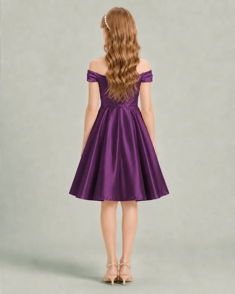 Grape Satin A-line Junior Bridesmaid Dress Back View