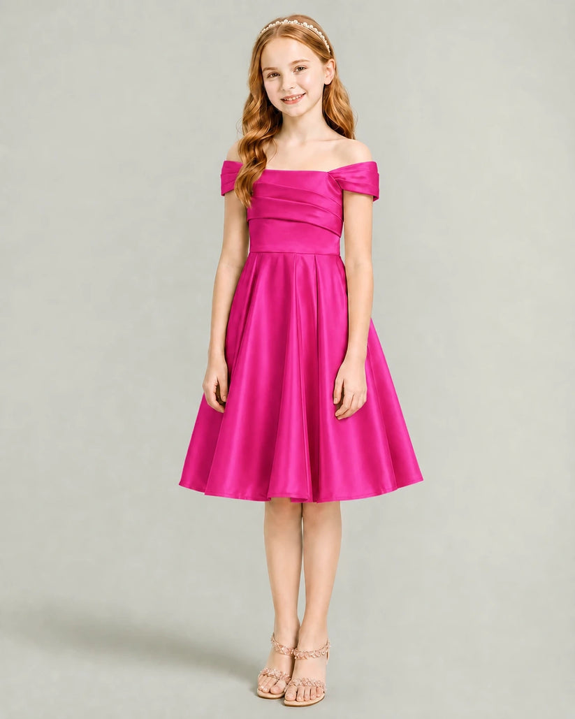 Hot Pink Satin A-line Junior Bridesmaid Dress Front View