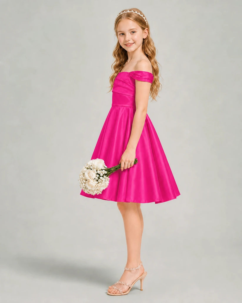 Hot Pink Satin A-line Junior Bridesmaid Dress Side View