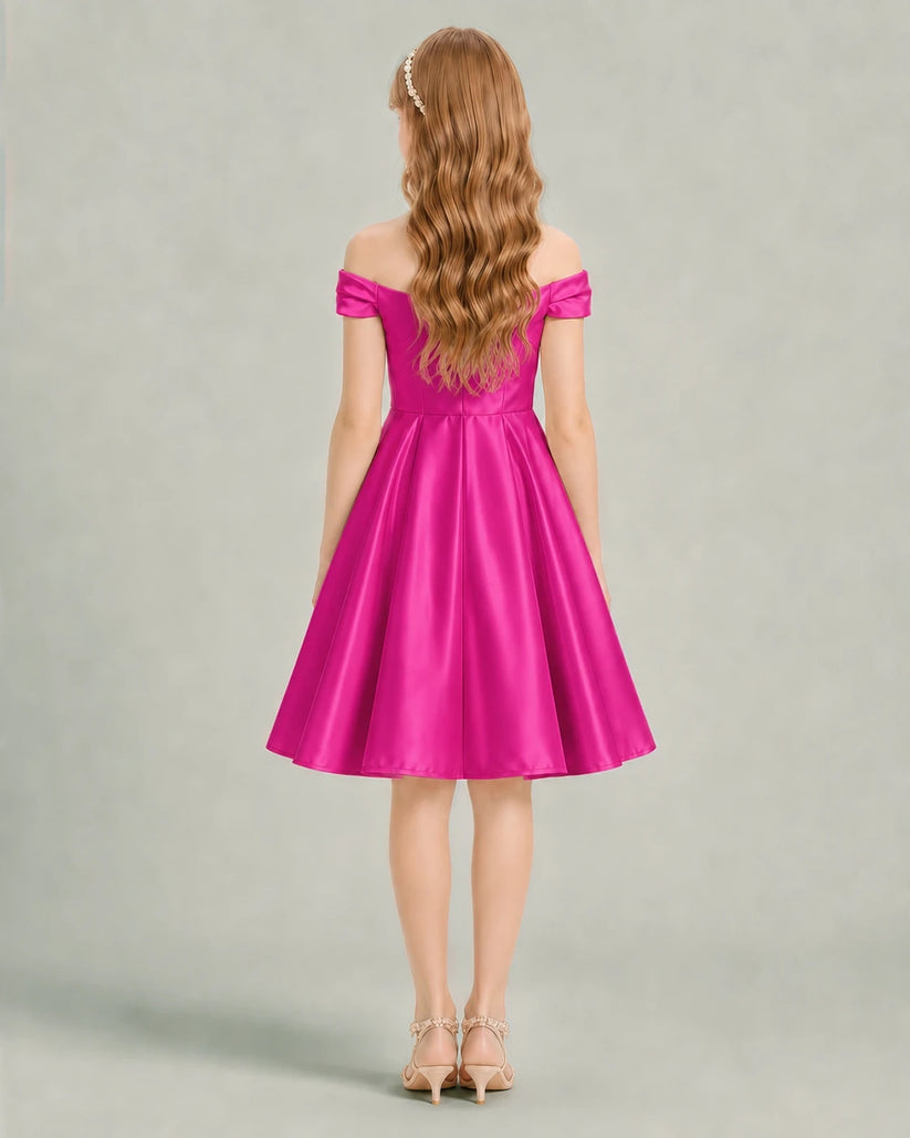 Hot Pink Satin A-line Junior Bridesmaid Dress Back View