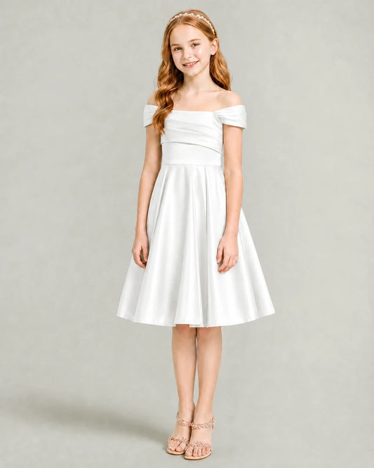 Ivory Satin A-line Junior Bridesmaid Dress Front View