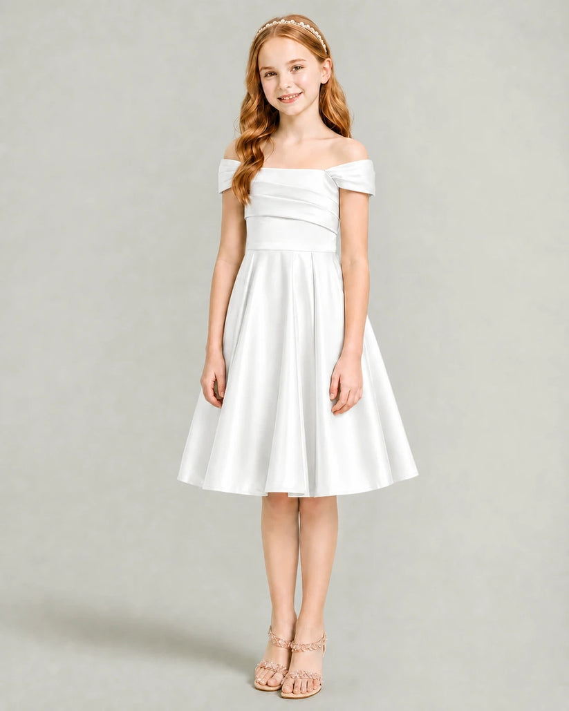 Ivory Satin A-line Junior Bridesmaid Dress Front View