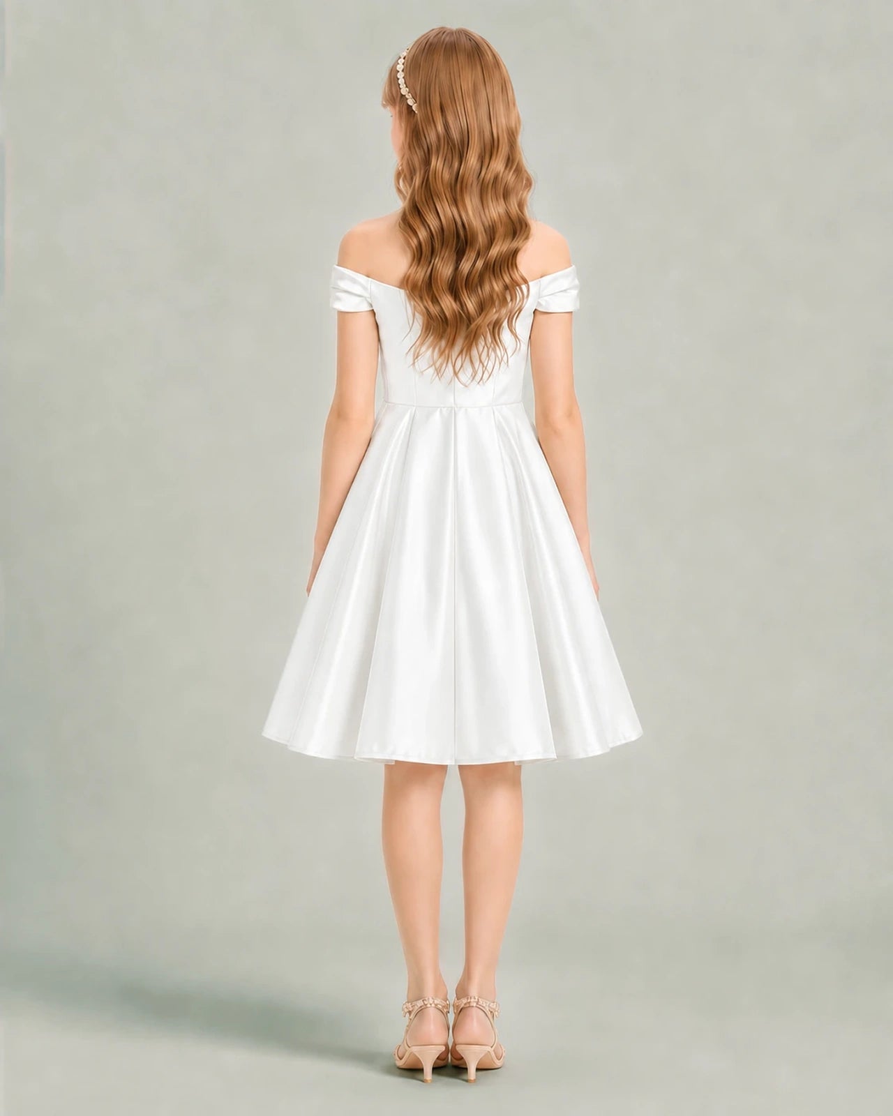 Ivory Junior Bridesmaid Dress Off-Shoulder Ruched Satin Knee-Length A-Line Gown Back View