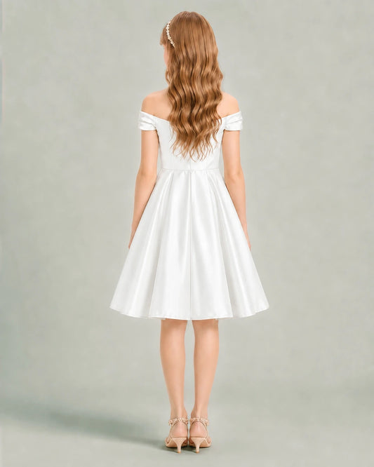 Ivory Satin A-line Junior Bridesmaid Dress Back View