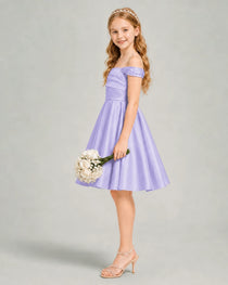 Lavender Junior Bridesmaid Dress Off-Shoulder Ruched Satin Knee-Length A-Line Gown Side View