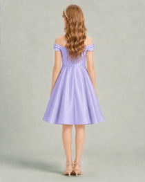 Lavender Junior Bridesmaid Dress Off-Shoulder Ruched Satin Knee-Length A-Line Gown Back View